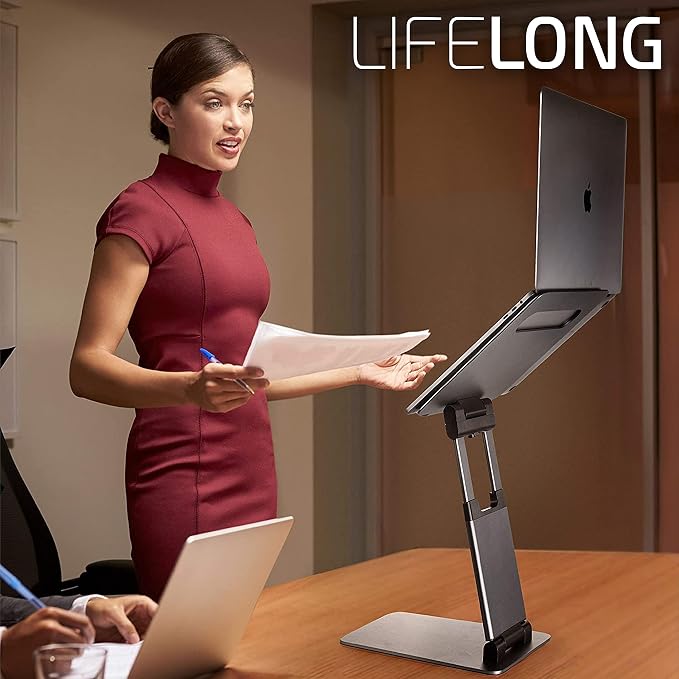 Lifelong Aluminum Adjustable Laptop Stand, Extra Tall 20" Riser, Black | Ergonomic Laptop Stand for Desk, Portable Foldable Computer Stand, Fits 10-17 Inch Laptops & MacBooks - Image 2