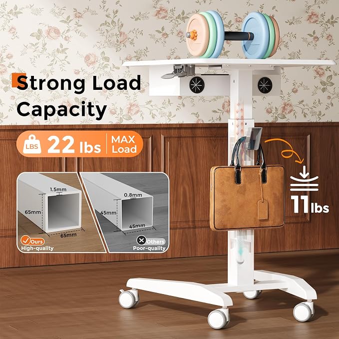 JOY worker Mobile Standing Desk with Drawer, 23.6" Small White Laptop Desk | Pneumatic Height Adjustable, Open Storage Shelf, 4 Lockable Wheels, Portable Sit Stand Desk, Home Office Teacher, Holds 22lbs - Image 9