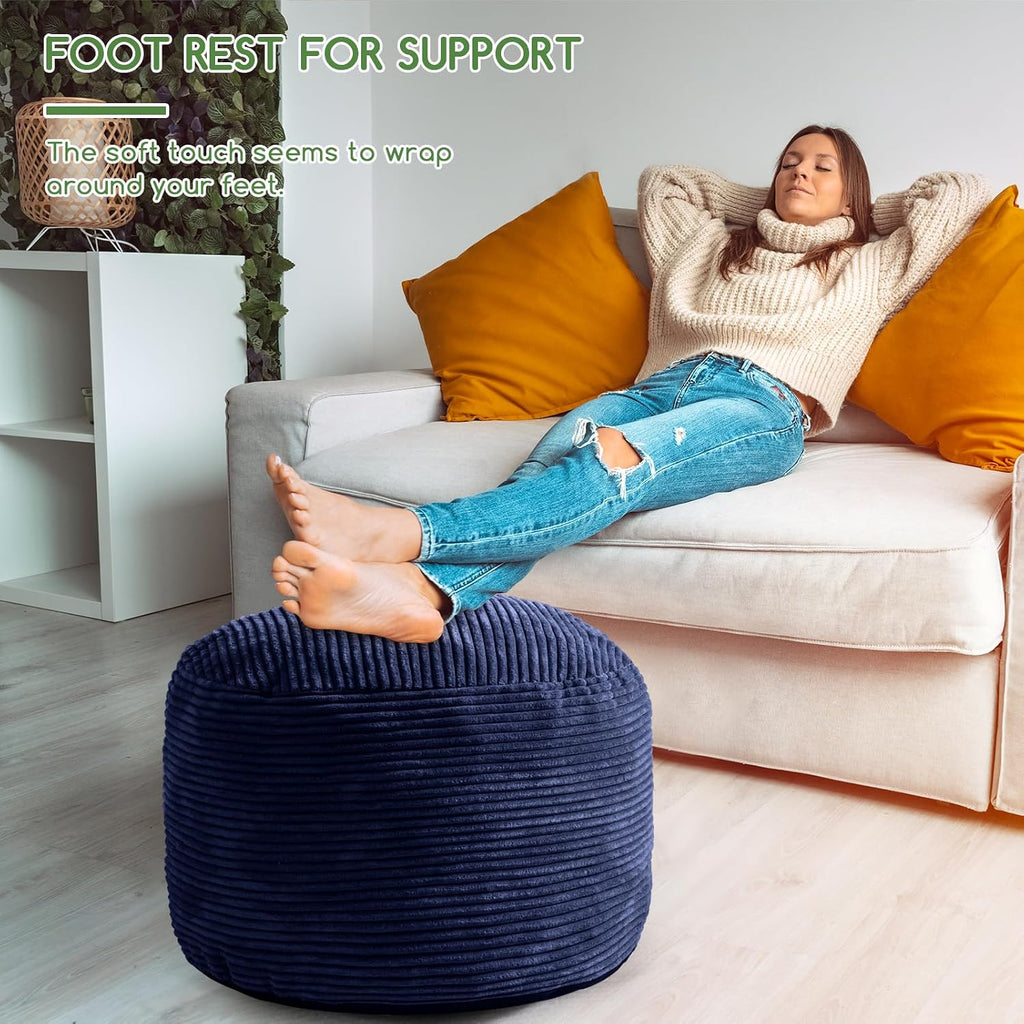 HIGOGOGO Round Stuffed Pouf Ottoman, Corduroy Poufs with Foam Chunk Filling, Furry and Fluffy Pouf Foot Stool Storage Ottoman, 26 X 18 Floor Poufs Foot Rest for Living Room, Navy - Image 4