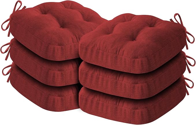 IASEAHK Chair Cushions for Dining Chairs, Dining Chair Cushions, Tufted Indoor Chair Pads with Ties & Non Slip Backing, Seat Cushions for Kitchen Chairs 16.5” x 16.5” x 3.5”, Set of 6, Red by IASEAHK