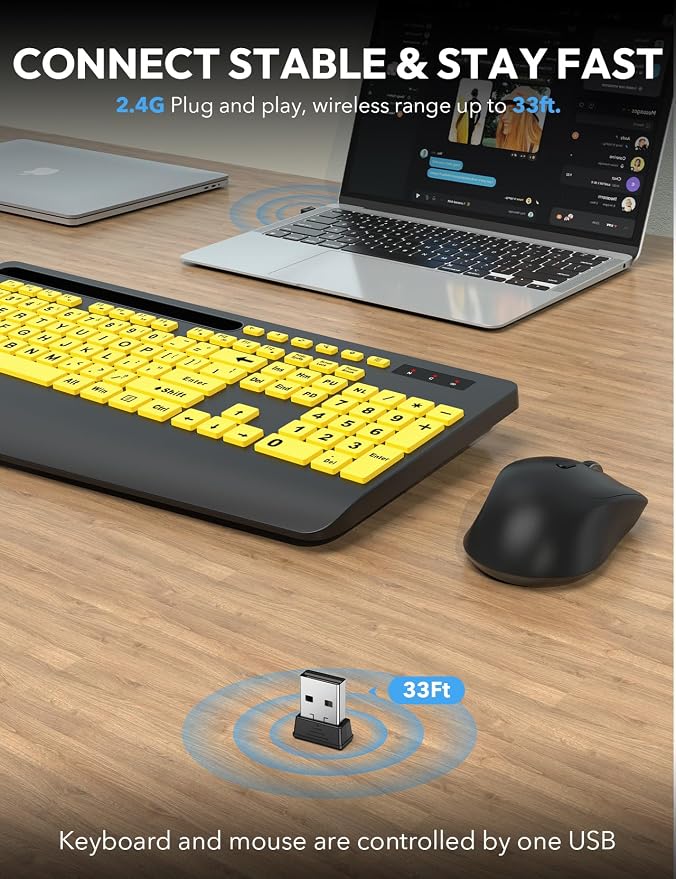 Wireless Keyboard and Mouse Combo with Large Print, Ergo Wrist Rest | 2.4G Lag-Free, Phone Holder, Silent Typing, Full Size High Contrast, KM23D Battery Powered Set for Low Vision and Elderly - Image 5