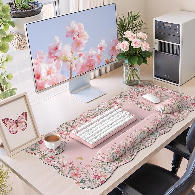 iCasso Pink Keyboard Mat 35.4"x15.7", Desk Protector for Classroom | Vintage Women Ergonomic Desk Pad with Keyboard Wrist Rest, Mousepad Set for Classroom Table Office Workspace Area - Image 7
