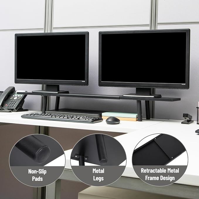 Mind Reader Extendable Monitor Stand, Adjustable Desktop Riser for Dual Monitors, Printers, Laptops, TV, 31.5–40 Inch Width, 88 lb Capacity, Metal and MDF Wood, Black - Image 5