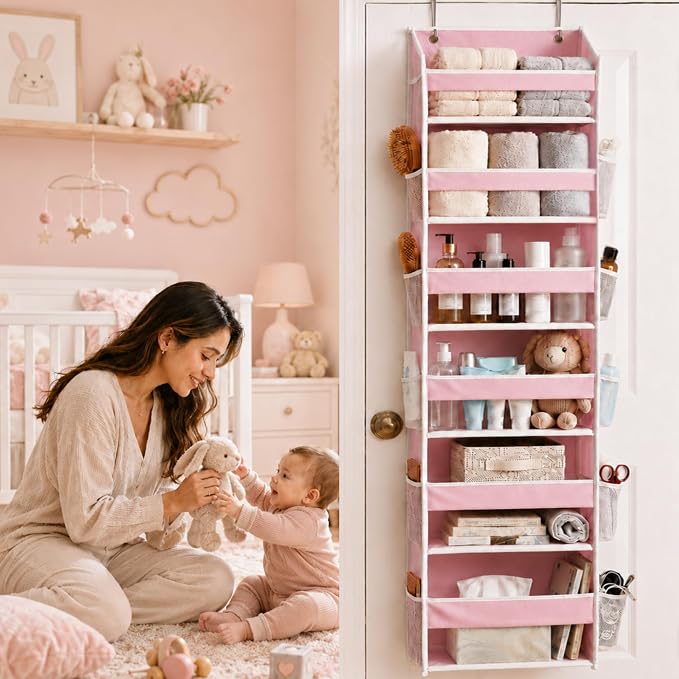 HOMELUX THEORY Over the Door Organizer, 6-Tier, 100D Fabric, Baby Pink 2pc | Over the door shoe organizer, 50 lbs capacity, 12 side mesh pockets, 100D extra thick fabric, Closet & entryway storage - Image 6