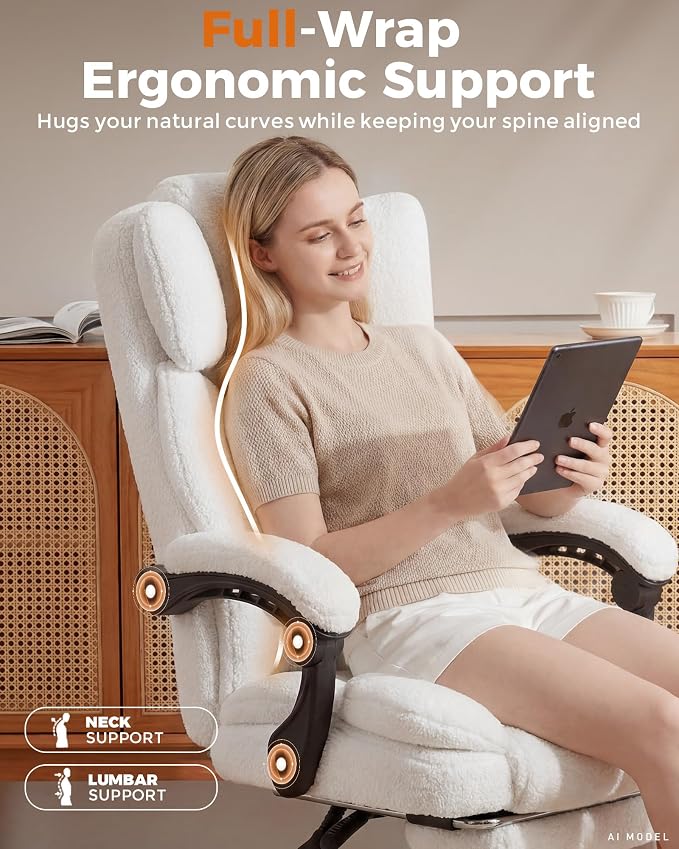 GTPLAYER Big and Tall Office Chair with Pocket Spring Cushion & Ergonomic Lumbar Support for Lower Back Pain Relief, High Back Computer Gaming Chair with Foot Rest, Comfy Teddy Fleece, White - Image 5