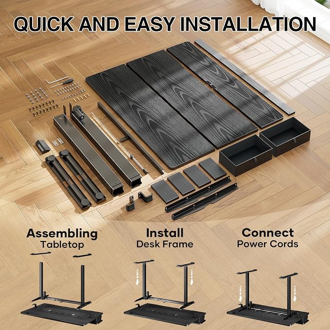 Veken 47x28 in Electric Standing Desk with Drawers, Adjustable Table, Black | Stand up Computer Desk for Home Office, Work & Study, with Storage, 3 Memory Presets, Cable Organizer, Hook, and Quiet Lift. - Image 8