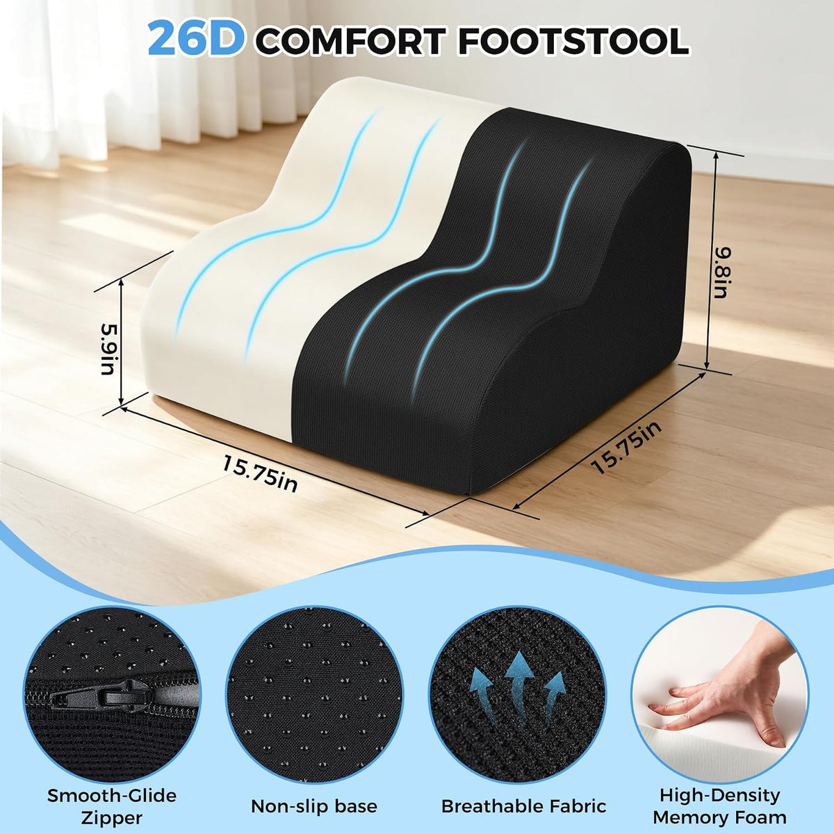 26D Foot Rest for Under Desk at Work, Ergonomic Memory Foam, Black - Image 3