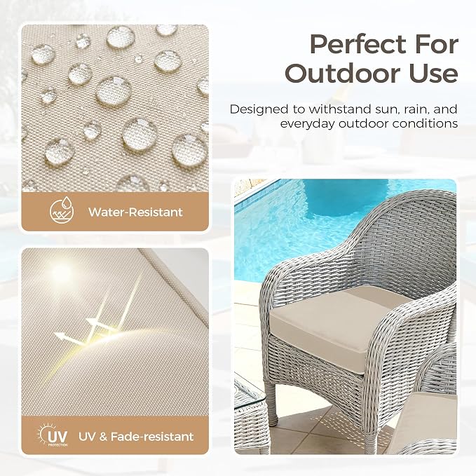 UNIKOME Outdoor Chair Cushions Set of 4, Water Resistant Patio Seat Cushions with Ties for Outdoor Furniture, High-Density Foam, UV & Fade Resistant, Piped Edge – 24" x 24" x 4", Beige - Image 3
