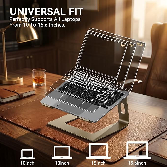 SOUNDANCE Laptop Stand, Aluminum Computer Riser, Ergonomic Laptops Elevator for Desk, Metal Holder Compatible with 10 to 15.6 Inches Notebook Computer, Gold - Image 5