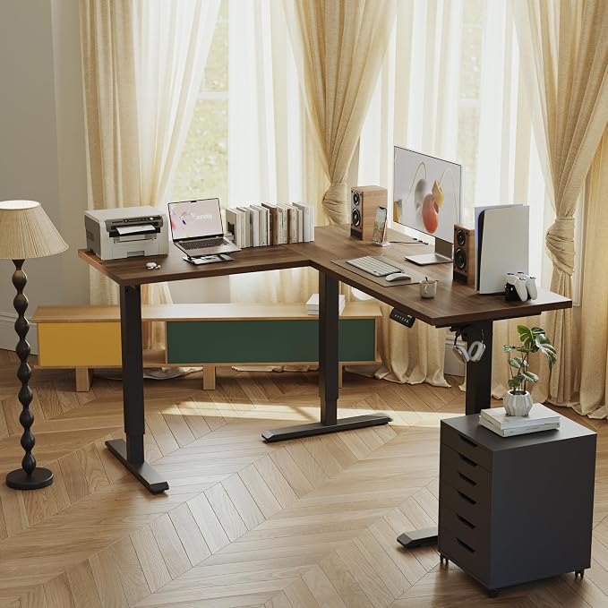 Agilestic L Shaped Standing Desk Adjustable Height, 59 Inch, Dark Walnut | Electric Height Adjustable, Spacious Corner Desktop, Sturdy Steel Frame, Memory Presets, 176 lbs, Splice Board - Image 2