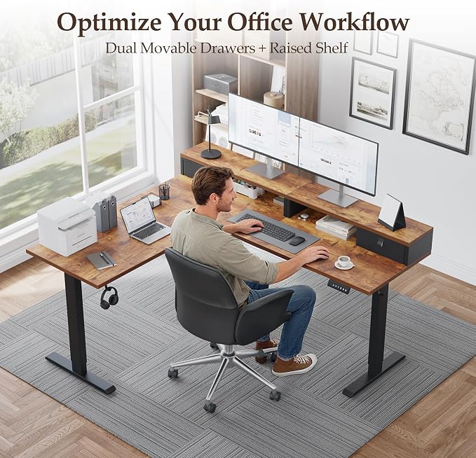 Klicelor L Shaped Electric Standing Desk 63 x 55.1 inch with Shelf, Height Adjustable Corner Desk, Sit Stand Desk with Storage Shelf, Home Office Computer Table, Rustic Brown - Image 3