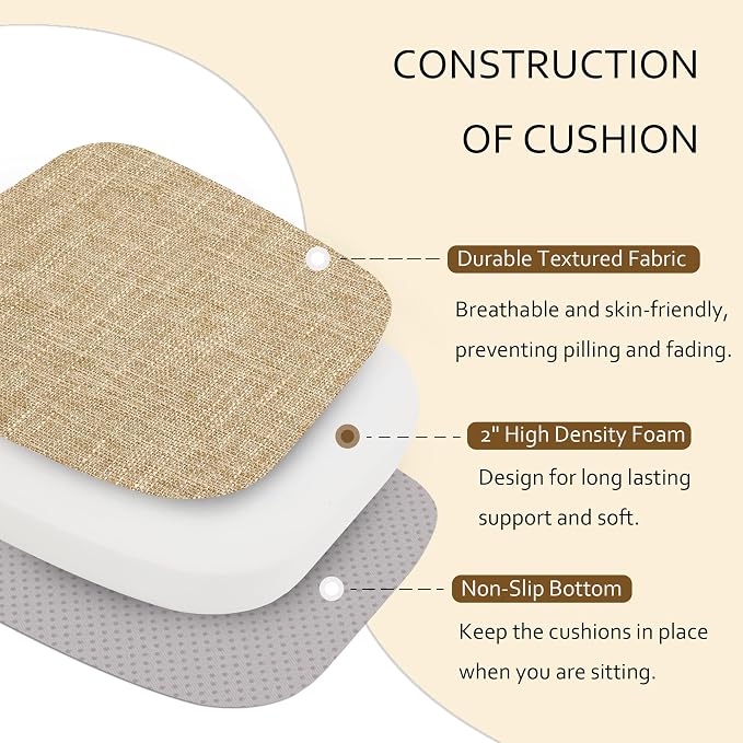 ELFJOY Non-Slip Chair Cushions for Dining Chairs Beige 16.7"x16" | 4 Pack, with Ties and Washable Cover, U Shape, Breathable Fabric, for Kitchen Dining Office Folding Chairs，Comfortable - Image 2