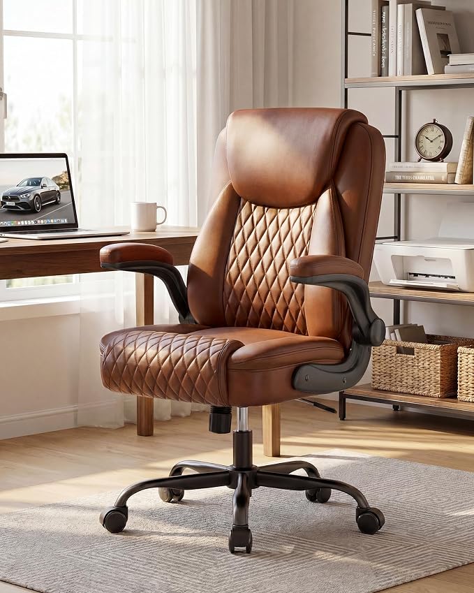 COMHOMA Mid-Back Office Chair, Ergonomic PU Desk Chair with Flip up Arms, Small Computer Gaming with Comfy Lumbar Support,Rocking Function,Sturdy Metal Base, Brown - Image 3