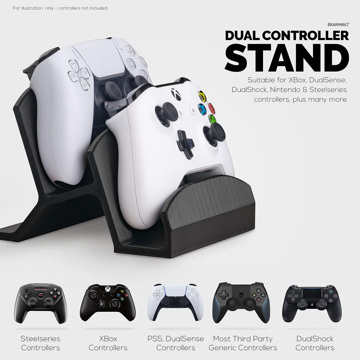 BRAINWAVZ Dual Game Controller Holder Desktop Stand - for PS5, Xbox Series X, One, PS4, Switch, PC, Gamepads & More UGDS06, Black - Image 3