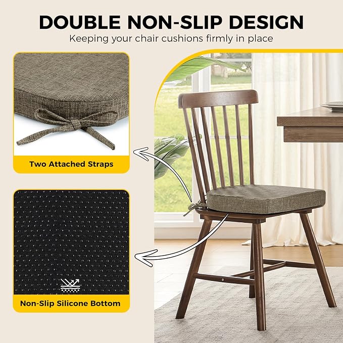 downluxe Indoor Chair Cushions for Dining Chairs, Soft and Comfortable Textured Foam Kitchen Chair Pads with Ties and Non-Slip Backing, 16" x 16" x 2", Khaki, 2 Pack - Image 4