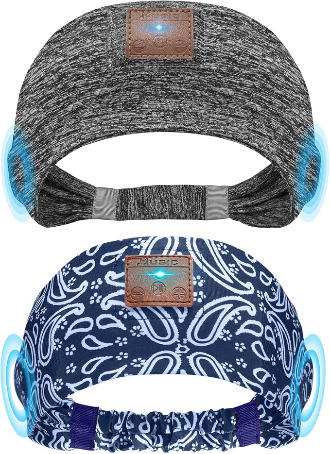 2-Pack Sleeping Headphones, Headband Headphones with Thin Speakers | Wireless Bluetooth Headband for Running Sports Workouts Yoga Travel Meditation Gift for Men Women - Gray&Pattern Blue by Mixiba