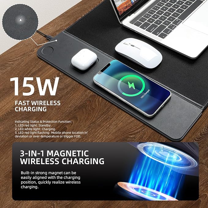 VOVIPO 3 in 1 Wireless Charging Mouse Pad, Gaming Mousepad with Wireless Charger Multiple Devices Compitable with Watch/iPhone/Airpods, Large Desk Mat 90 x 40cm,Desk Pad for MacBook, PC, Laptop-Black - Image 4