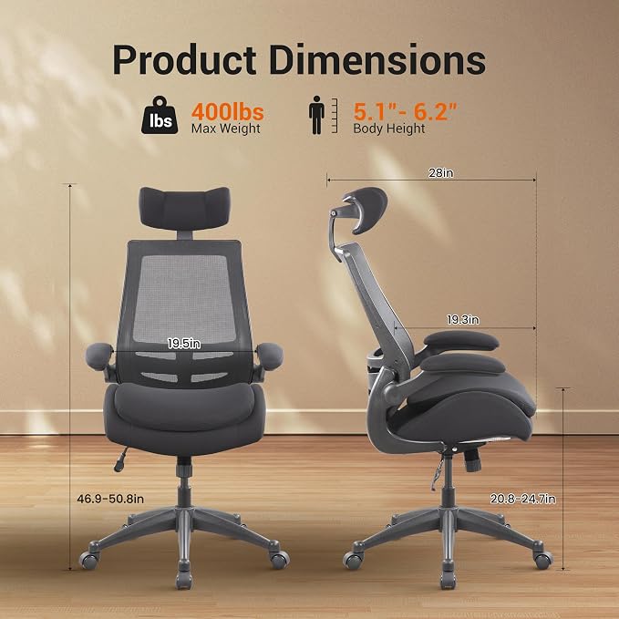 BOLISS 400lbs High Back Ergonomic Office Chair with Dual Seat Cushion | Heavy Duty, Angle Adjustable Headrest, Soft Flip-up Arms, Molded Foam Seat, Back Support,Mesh Computer Desk Chair with - Image 3