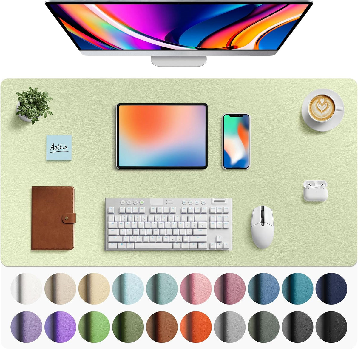 Aothia Faux Leather Desk Mat - Large Mouse Pad, Non-Slip PU Leather Blotter, Waterproof Writing Surface for Office and Home (Grass Green, 40" x 24") by Aothia