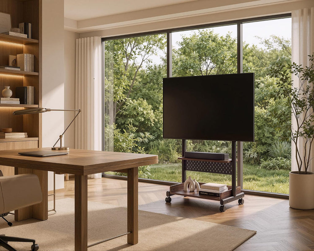 FITUEYES Rolling TV Stand Mount for 40 to 85 TVs with Wooden Shelf, Walnut - Image 2