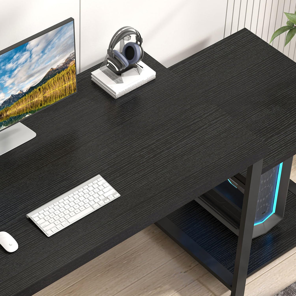 Large Home Office Desk, Black Computer Desk with Storage Shelves, Modern Wood Writing Study Gaming Table for Bedroom Living Room, 63 Inch - Image 4