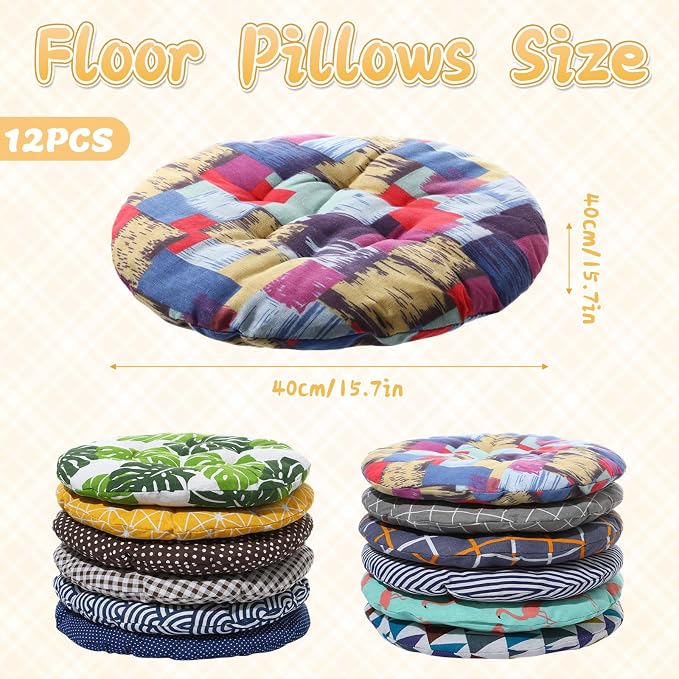 12 Pcs Bulk Floor Pillows Cushion for Kids Classroom,Playful Color,Round | 15.7" Seating Cushions for Classroom Reading Corner Students Nursery Daycare Yoga Tatami Kindergarten - Image 2