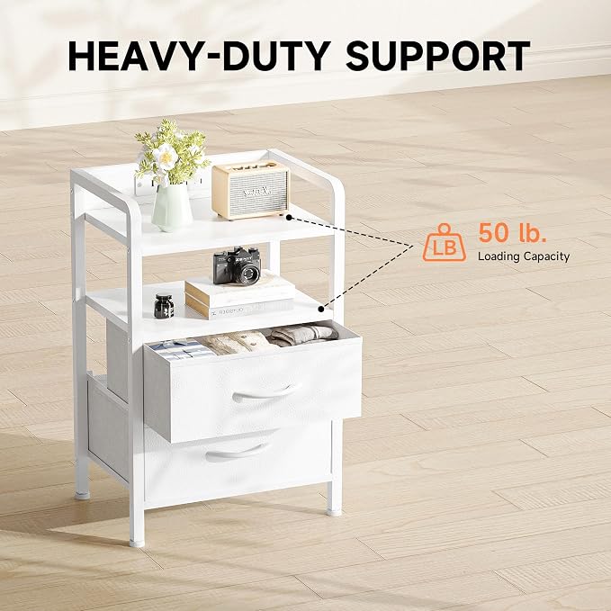 Lazzanto Nightstand with Rear Charging Station, LED Light, 2 Drawers, White | Industrial Nightstand, 2 USB-A Ports & AC Outlets, Raised Back Guard, Fabric Storage Drawers, Bedside Table for Bedroom, Dorm - Image 7