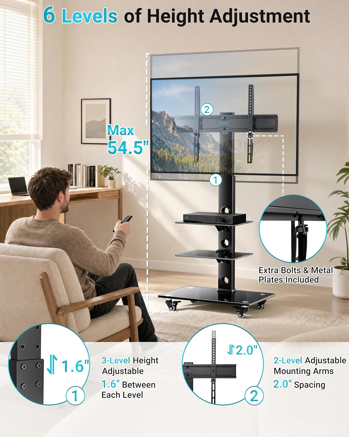 BONTEC Rolling TV Stand for 30-75 Inch TVs, Mobile TV Cart with Wheels - Image 4