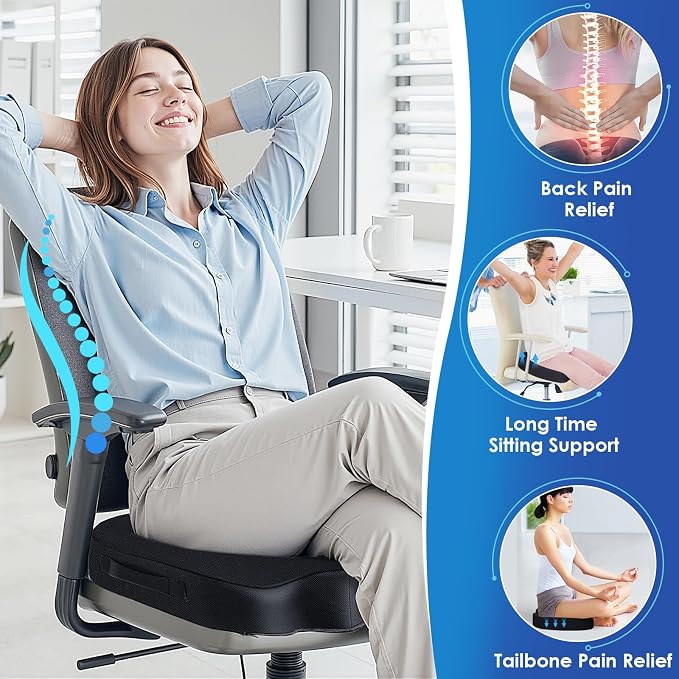 Seat Cushion for Office Chair, Car, Memory Foam, Black X-Large | For Back, Coccyx, Sciatica, Tailbone Pain, Ergonomic Design, Non-Slip, Desk Wheelchair Use, Supportive Butt Pillow, For Man - Image 5