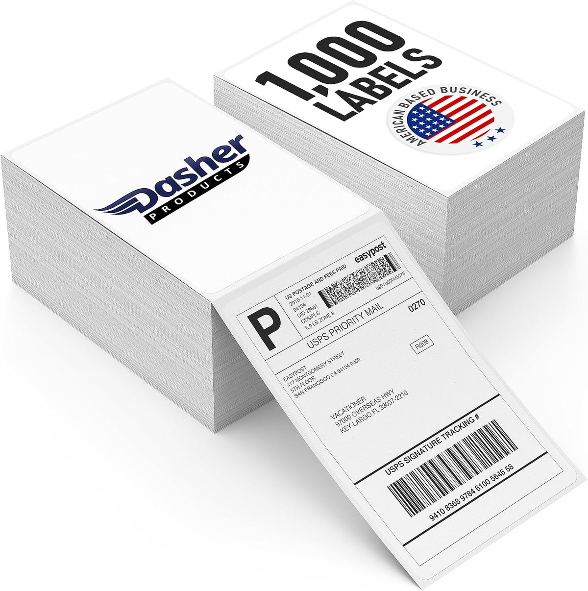 Thermal Shipping Labels 4x6, 1000 Labels/2 Stacks (500 per Stack) Commercial Grade with Permanent Adhesive, Fanfold Direct Thermal Printer Label Compatible with Zebra, Rollo, iDRPT, Polono, MUNBYN by Dasher Products