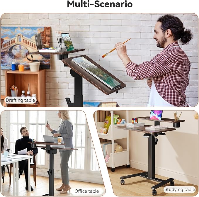 28" Mobile Standing Desk, Tiltable Top with 2-Tier Shelves, Walnut | Pneumatic Rolling Desk, Adjustable Height Computer Workstation, Sit Stand Portable Drafting Table & Laptop Cart on Wheels - Image 9