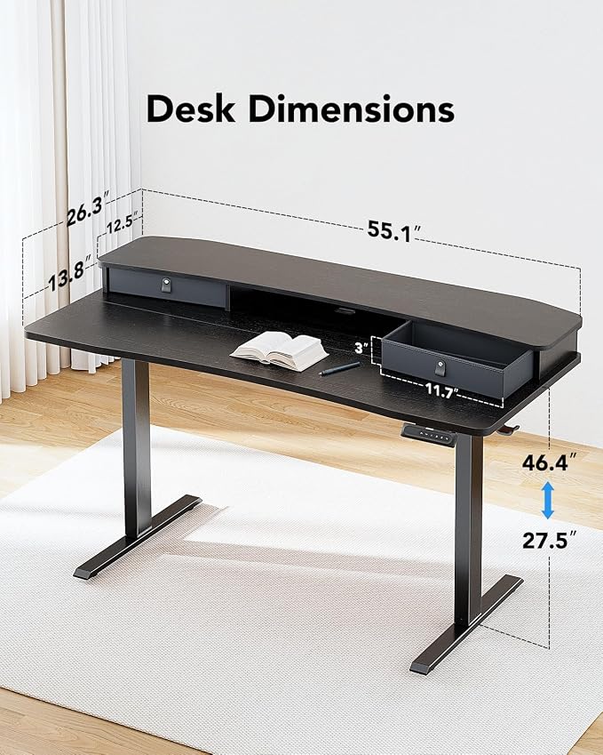 HUANUO 55″ x 26″ Electric Standing Desk with 2 Drawers, C-Clamp Mount Compatible, Height Adjustable Computer Desk, Home Office Stand Up Desk with 4 Preset Heights & 2 Hooks, Black - Image 2