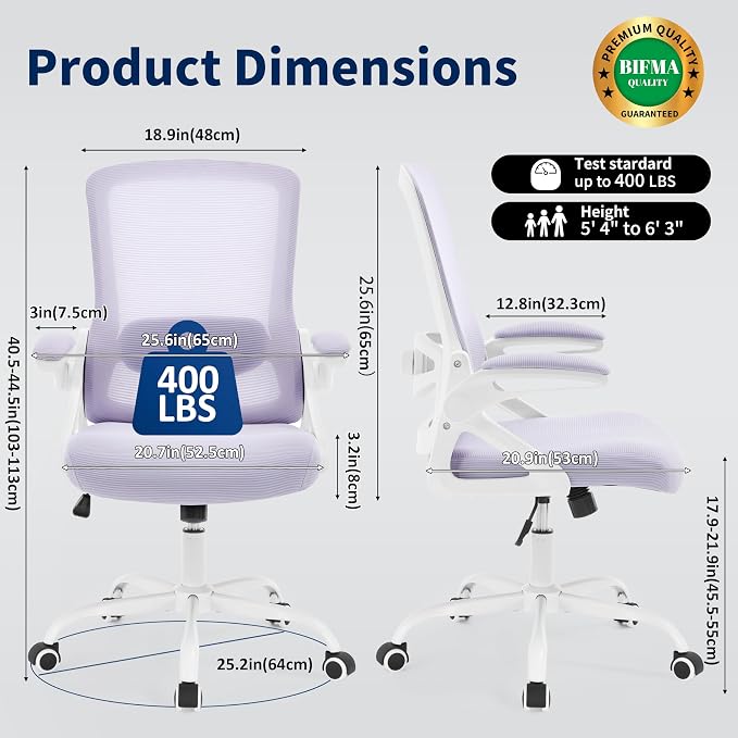 Ergonomic Office Chair Desk Chair with Adjustable Lumbar Support | Mesh Computer Chair Home Office Desk Chair with Flip-up Armrests Executive Task Chair Comfy Mesh Gaming Chair(Lavender) - Image 2