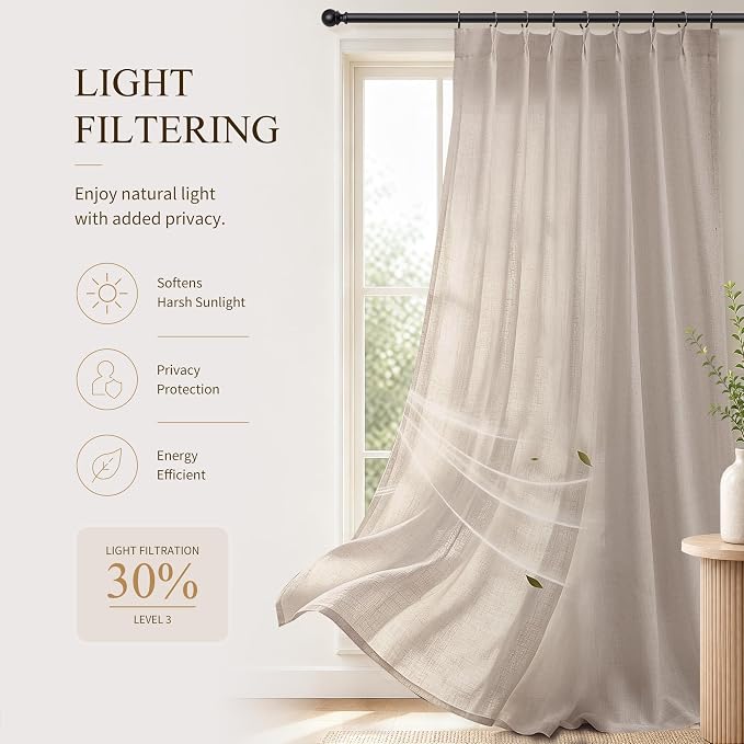 Hokibero Oatmeal Pinch Pleated Linen Curtains 108 Inch Long for Living Room | Light Filtering Sheer Curtain,Pinch Pleat Back Tab Hooks Rings,Farmhouse Textured Privacy Drapes for Bedroom Window,2 Panels - Image 6