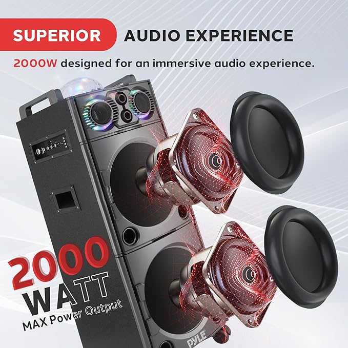 Portable Bluetooth PA Speaker System - 2000W Active Powered Outdoor Bluetooth Speaker Portable PA System w/Microphone in, Party Lights, USB SD Card Reader, AUX/RCA/FM Radio, Wheels - Pyle PSUFM1043BT - Image 2