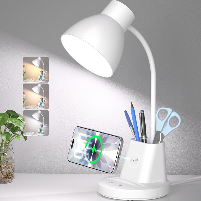 10W Wireless Charging LED Desk Lamp with Pen Holder, CRI 95, White | 800LM, 3 Modes, 360°Flexible Arm, Touch, Brightness, Table Lamp for Home Office, Dorm, Bedside, Study, Reading, with Adapter by Sailstar