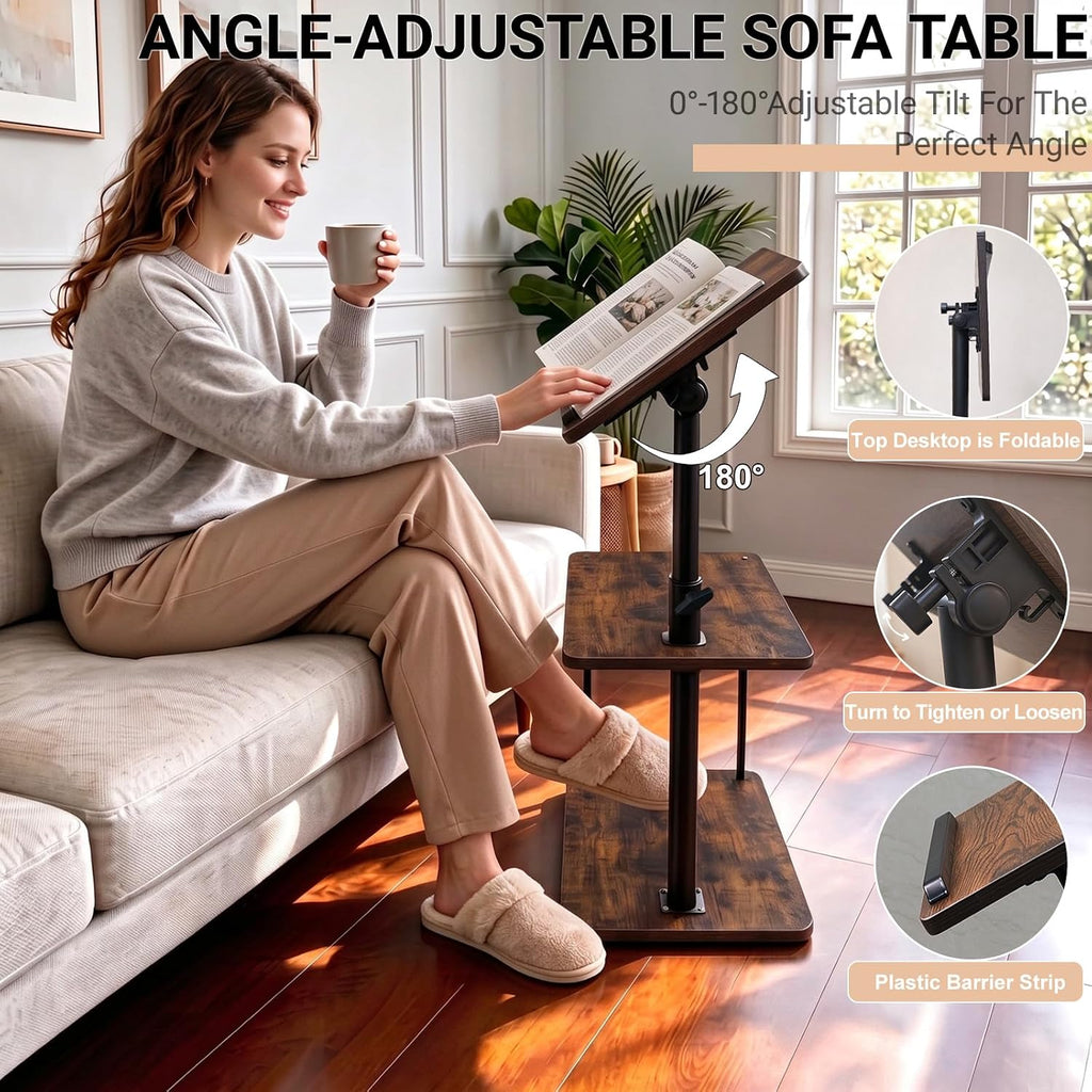 C Shaped Side Table, 360° Swivel Height Adjustable, 3-Tier Sofa Side Desk - Image 4