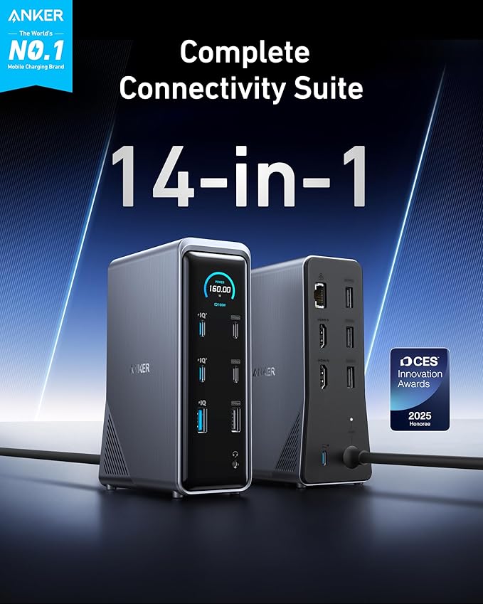 Anker Prime Docking Station, 14-in-1 Laptop Docking Station Dual Monitor | Dual 4K HDMI, 160W Max Output, 10Gbps Data Transfer, Smart Interface, Audio and Ethernet Ports for Dell, HP, Lenovo and More - Image 2