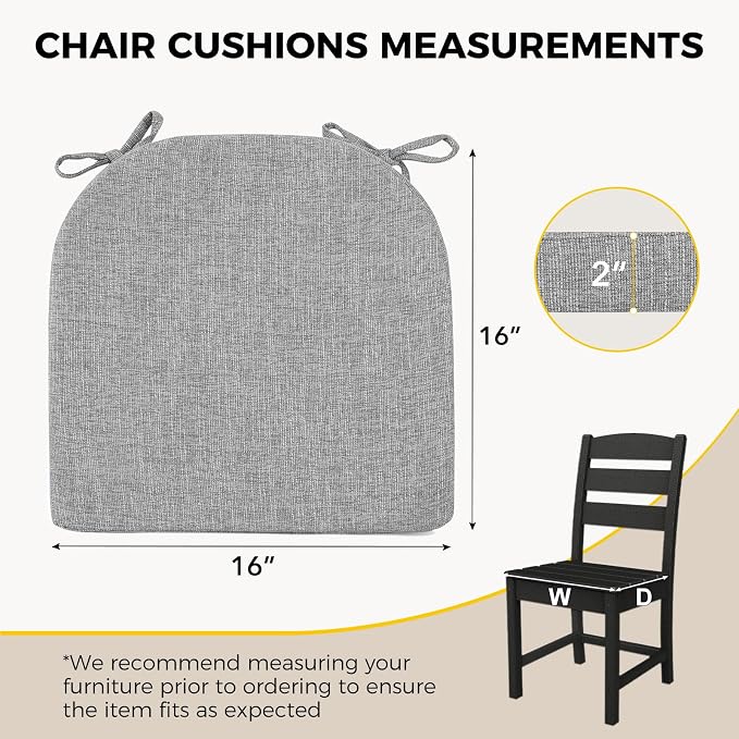downluxe Indoor Chair Cushions for Dining Chairs, Soft and Comfortable Textured Foam Kitchen Chair Pads with Ties and Non-Slip Backing, 16" x 16" x 2", Light Grey, 4 Pack - Image 2
