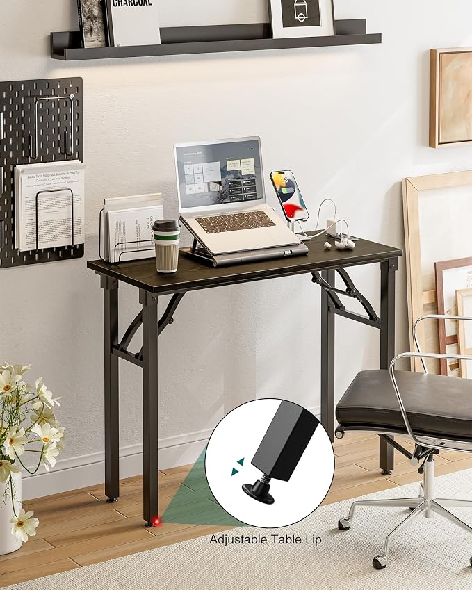 Small Folding Computer Desk – 35.8 Inch Portable Table for Craft and Study, Lightweight Desk for Small Spaces, Foldable Laptop Table Built-in AC/USB Outlets for Convenience, Dark Oak - Image 7