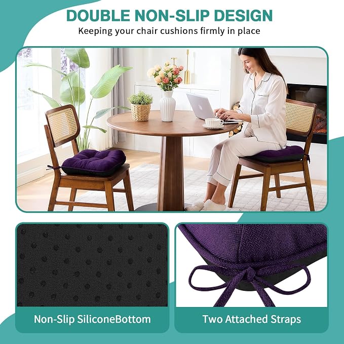 BETU Chair Cushions for Dining Chairs Set of 6,3.5" Thick Kitchen Table Chair Pads with Ties,Non Slip Backing and Covers, Seat Cushion for Dining Room,Bar,Patio Chairs,15.5"X15.5"X3.5",Dark Purple - Image 2