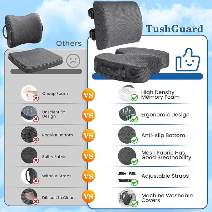 Back&Seat Cushion, Chair Cushions, Lumbar Back Support Pillow, Grey/Large | Breathable Memory Foam Back Support Pillow, Portable Airplane Seat Cushion for Travel, Computer Desk, Wheelchair, Driving - Image 4