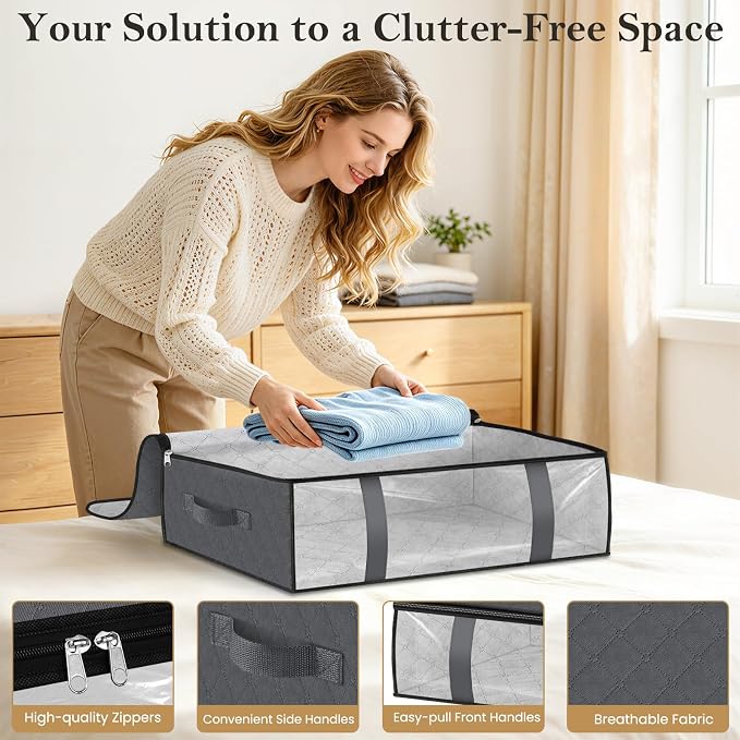 StorageRight Under Bed Storage Bags, 8 Pack, 40L, Gray | Breathable Non-Woven Fabric with a Clear Window and Zippered Top for Clothes, Comforters, Blankets and Seasonal Storage - Image 3