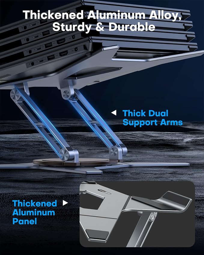 OMOTON Heavy Duty Laptop Stand, 33 lbs Gaming Laptop Riser, 360° Rotating | Aluminum Alloy, 11-17" Gaming Laptop, Height Adjustable, 360° Rotating, Thick Dual Arms, Anti-Slip, Ergonomic, Sturdy - Image 2