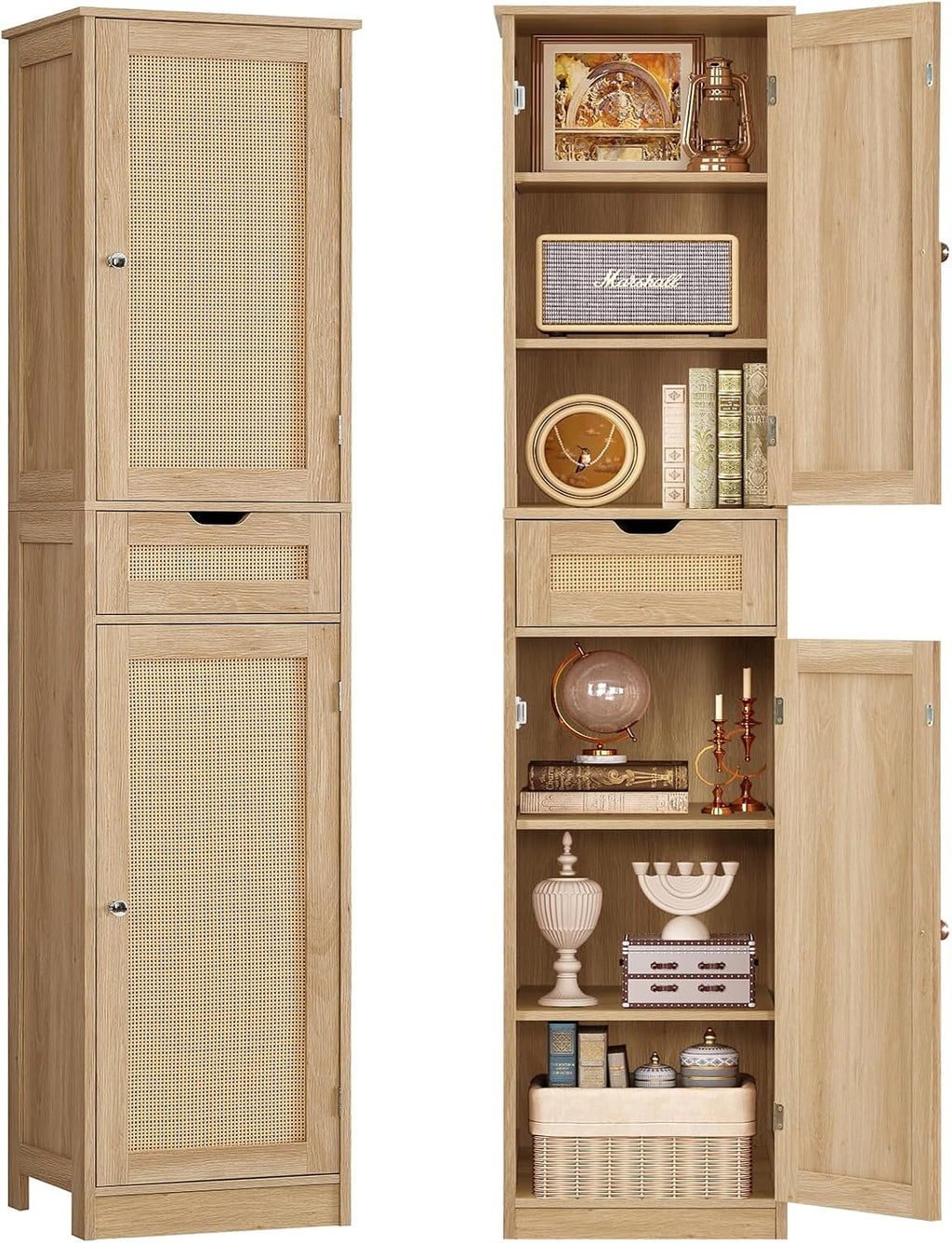 66.9" H Tall Storage Cabinet with 2 Rattan Doors and 1 Drawer, Narrow Rattan Cabinet with Adjustable Shelves, for Living Room, Entryway, Kitchen, Natural by TEENFON