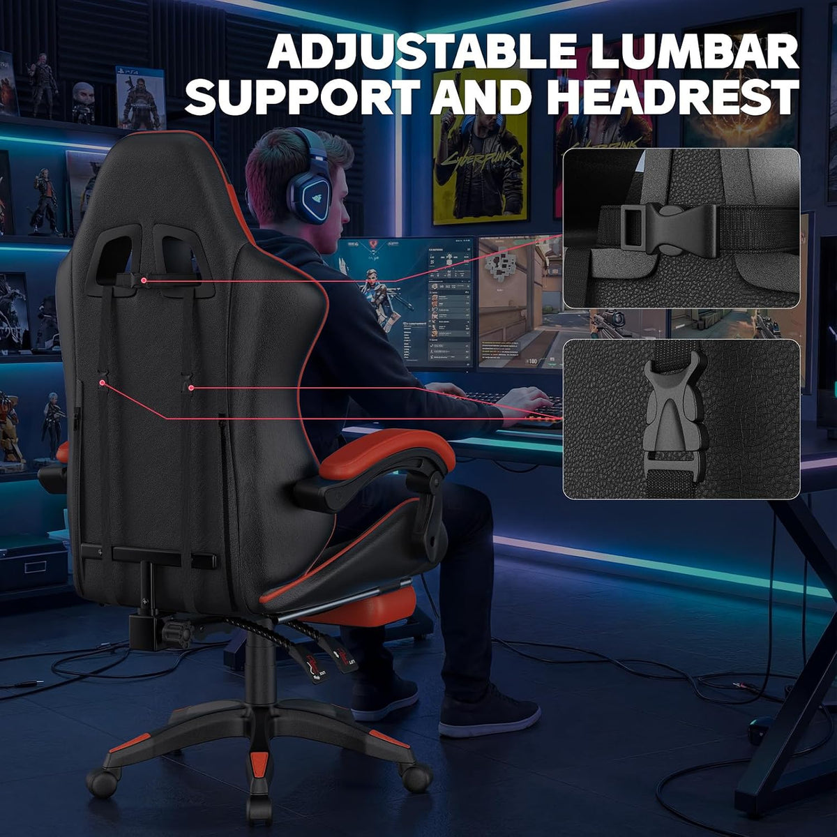 Bigzzia Gaming Chair with Footrest, Comfortable Gamer Chairs Red - Image 8