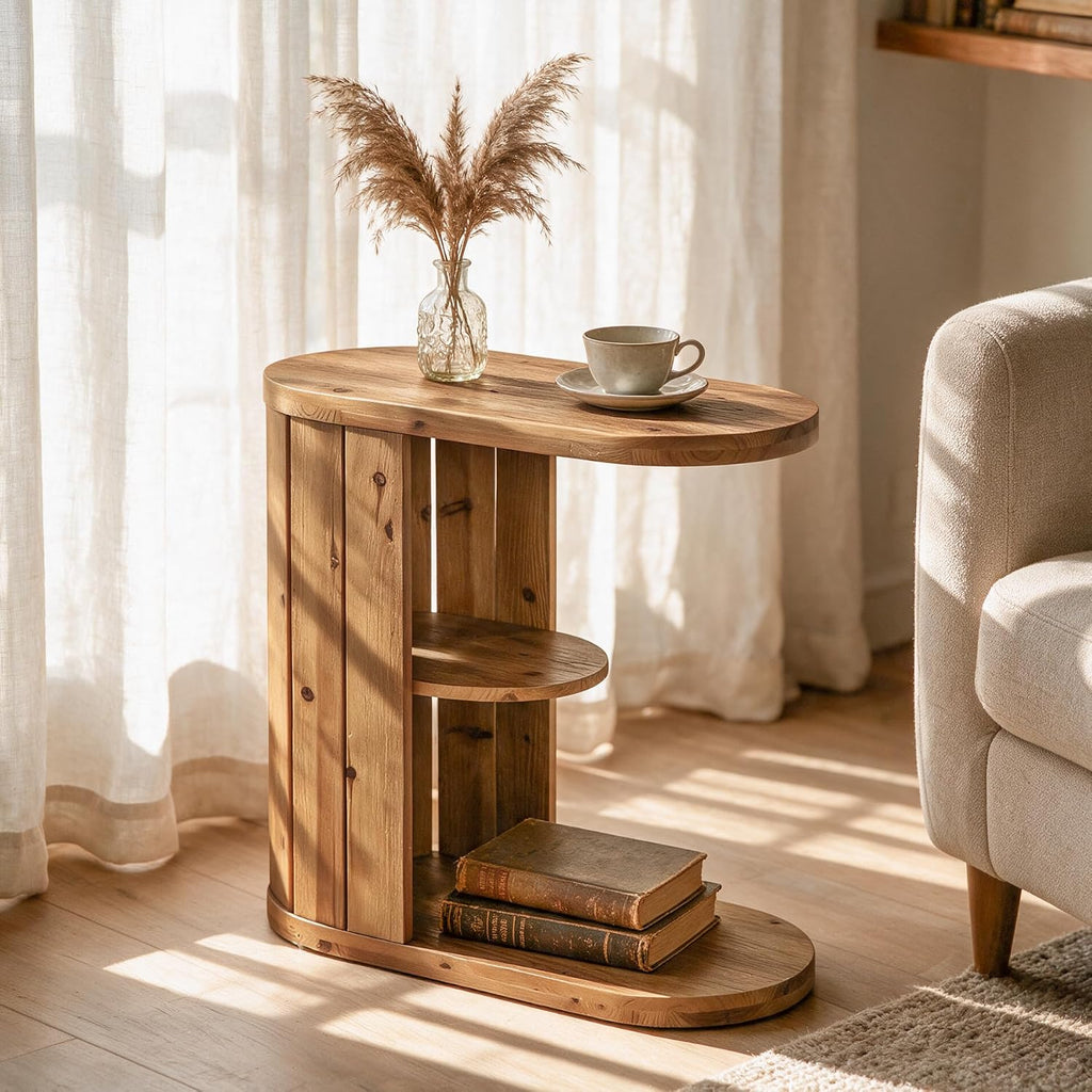 Solid Wood Side Table, C-Shaped Small End Table with Storage by TRIBEWOOD