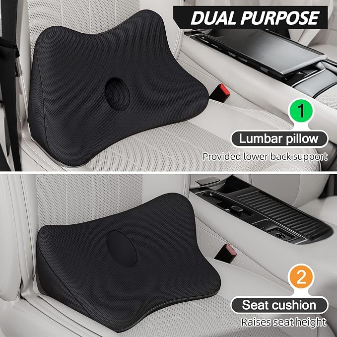Benazcap Lumbar Support Pillow for Car, Lower Back Support Pillow for Sciatica & Back Pain Relief, 2 in 1 Memory Foam Seat Cushion for Office Chair, Car Seat - Black - Image 2
