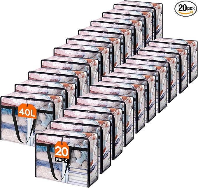 Lifewit 45L Clear Clothes Storage Bags,Plastic Foldable Blanket Storage Bag | 20 Pack Vinyl Foldable Moving Bags with Zipper, Closet Organizers and Storage Containers for Bedding, Duvet, Comforter by Lifewit