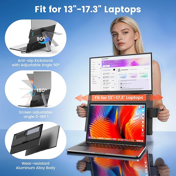 SMISEACOW Laptop Screen Extender 15.6" for 13-17.3'' Laptops, Portable Dual Monitor for Laptop, Ultra-Slim Clamp-On Vertical Dual IPS 1080P Screen Monitor Extender, USB-C HDMI for Office Travel - Image 3